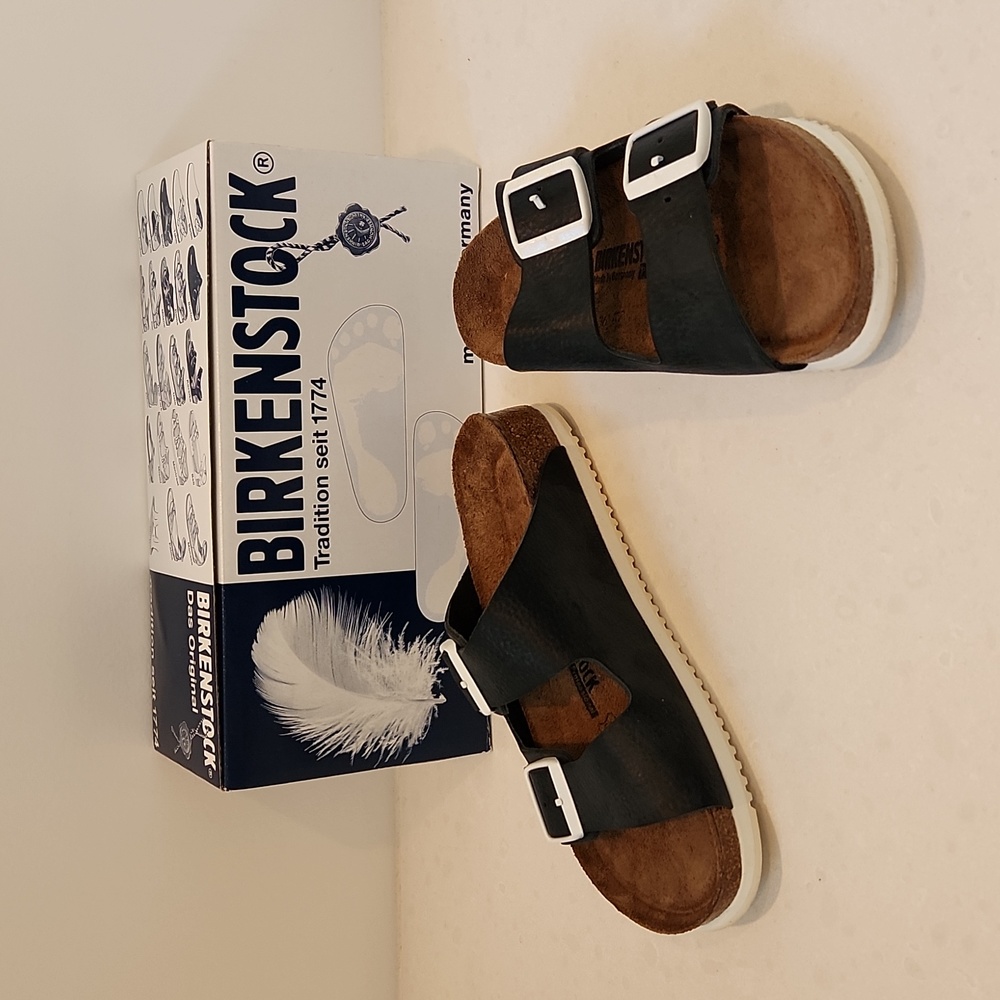 Birkenstock Arizona Professional, Black & White, Size 39 Narrow, Soft Footbed